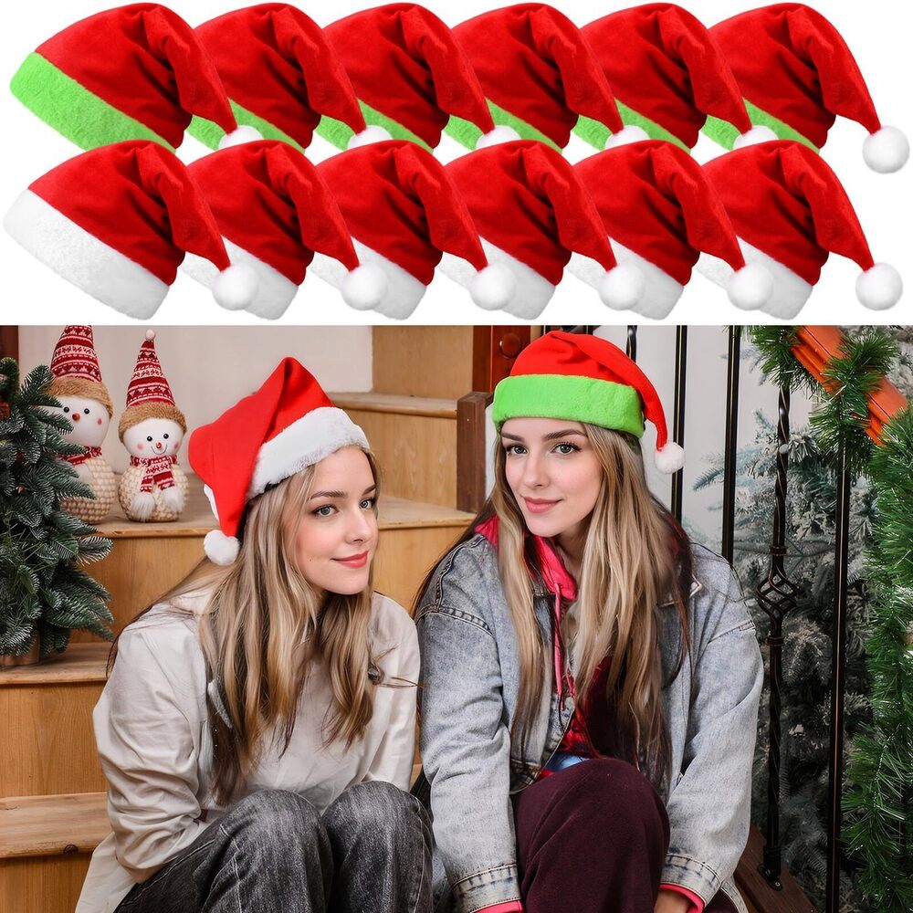 7598 Unisex Santa Hat - Red & Green with Fur Trim - Adult Xmas Hat for New
